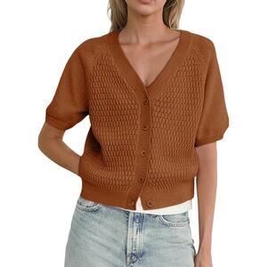 Dokotoo Womens Top V Neck Hollow Out Cropped Button Down Shirt Puff Sleeve Large